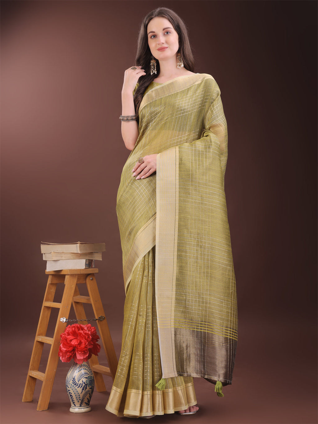 Shree Shyam Fashion Mehndi Green Organza Saree with Gold Checked Design - Elegant & Classy Traditional Wear for Formal & Festive Occasions | Grocsy