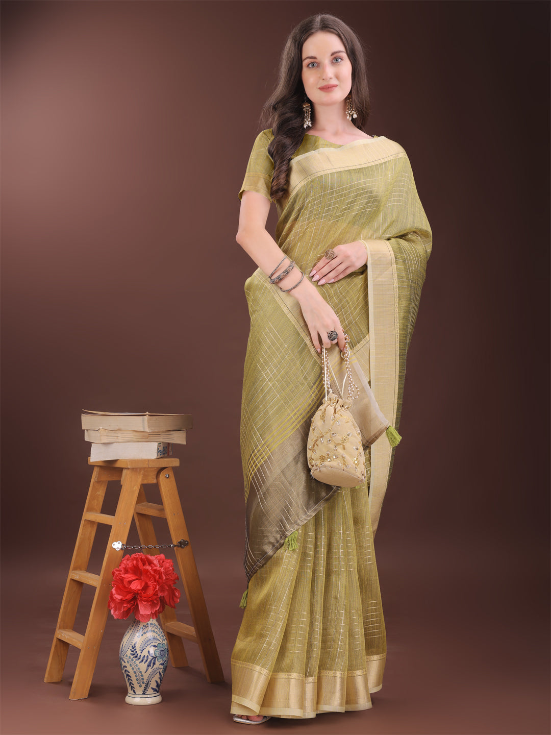 Shree Shyam Fashion Mehndi Green Organza Saree with Gold Checked Design - Elegant & Classy Traditional Wear for Formal & Festive Occasions | Grocsy