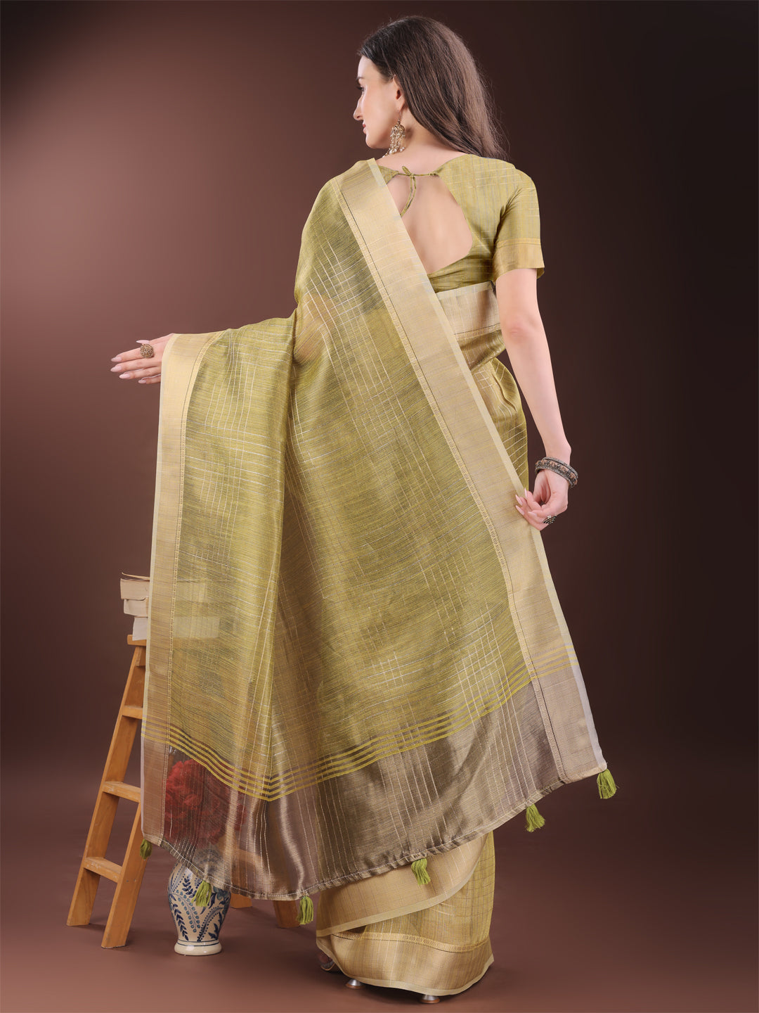 Shree Shyam Fashion Mehndi Green Organza Saree with Gold Checked Design - Elegant & Classy Traditional Wear for Formal & Festive Occasions | Grocsy