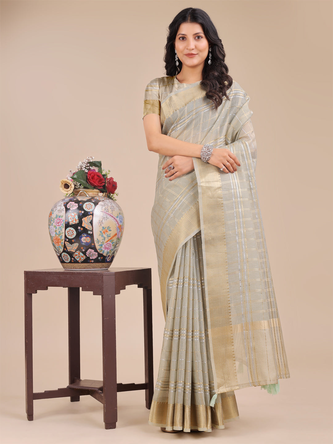 Shree Shyam Fashion Beige Organza Woven Zari Work Traditional Tassel Saree | Grocsy