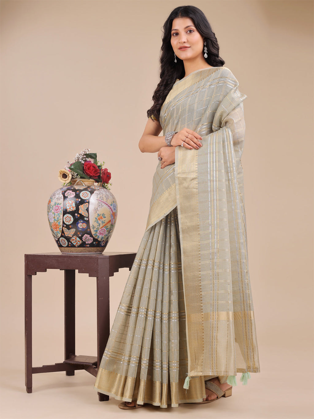 Shree Shyam Fashion Beige Organza Woven Zari Work Traditional Tassel Saree | Grocsy
