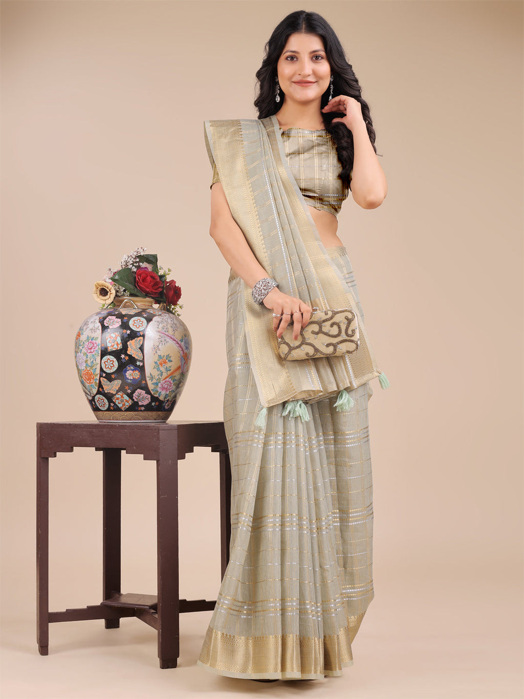 Shree Shyam Fashion Beige Organza Woven Zari Work Traditional Tassel Saree | Grocsy
