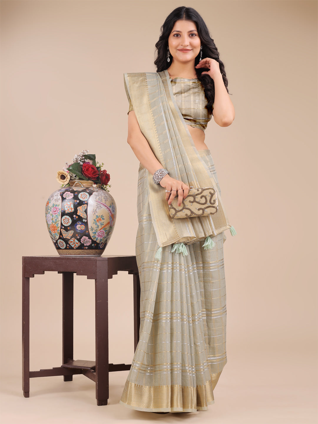 Shree Shyam Fashion Beige Organza Woven Zari Work Traditional Tassel Saree | Grocsy