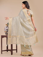 Shree Shyam Fashion Beige Organza Woven Zari Work Traditional Tassel Saree | Grocsy
