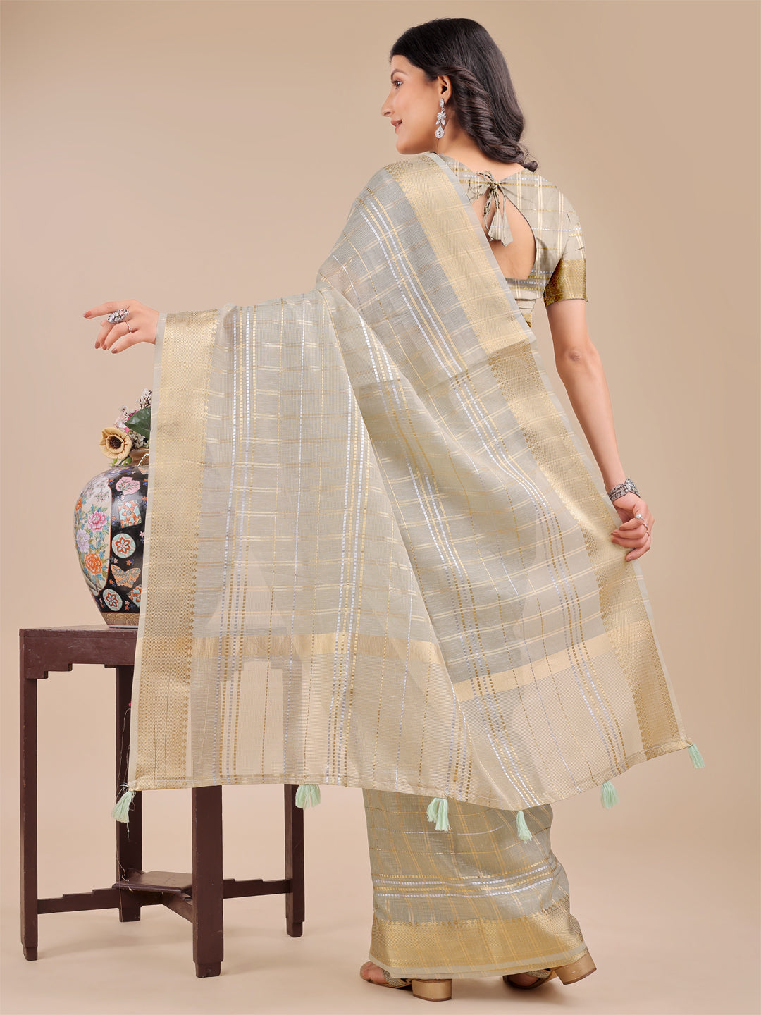 Shree Shyam Fashion Beige Organza Woven Zari Work Traditional Tassel Saree | Grocsy