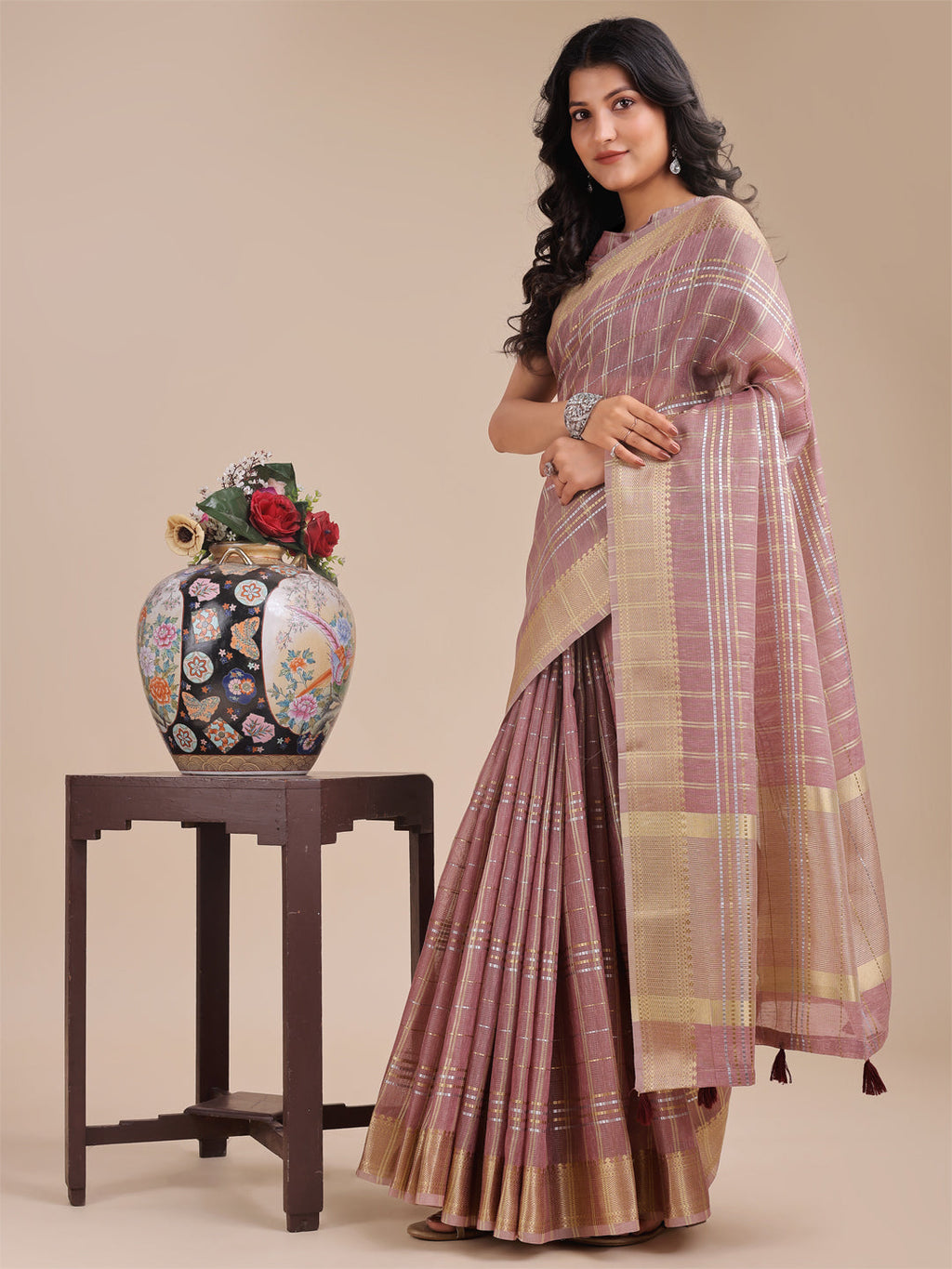 Shree Shyam Fashion Purple Organza Woven Zari Work Traditional Tassel Saree | Grocsy