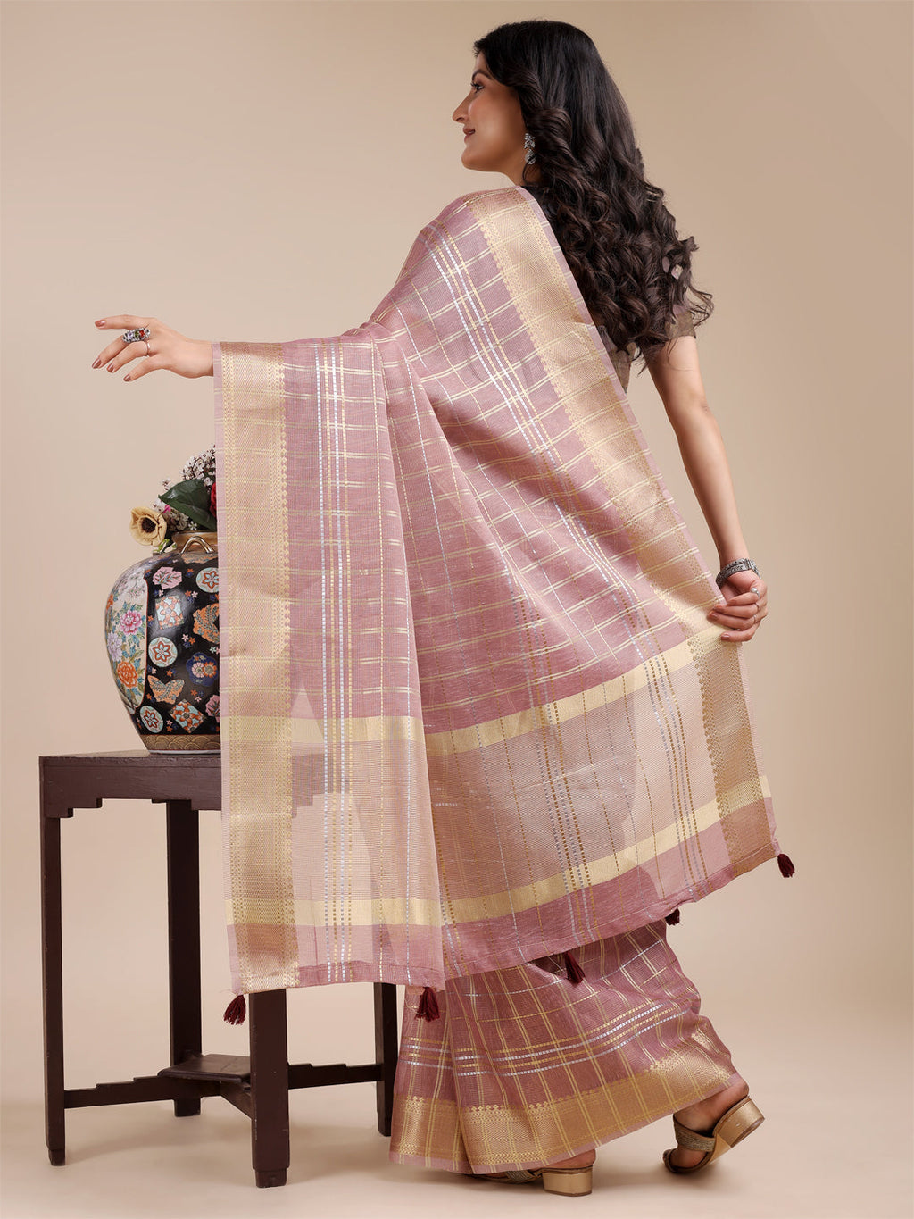 Shree Shyam Fashion Purple Organza Woven Zari Work Traditional Tassel Saree | Grocsy