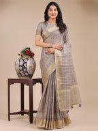 Shree Shyam Fashion Tan Organza Woven Zari Work Traditional Tassel Saree | Grocsy