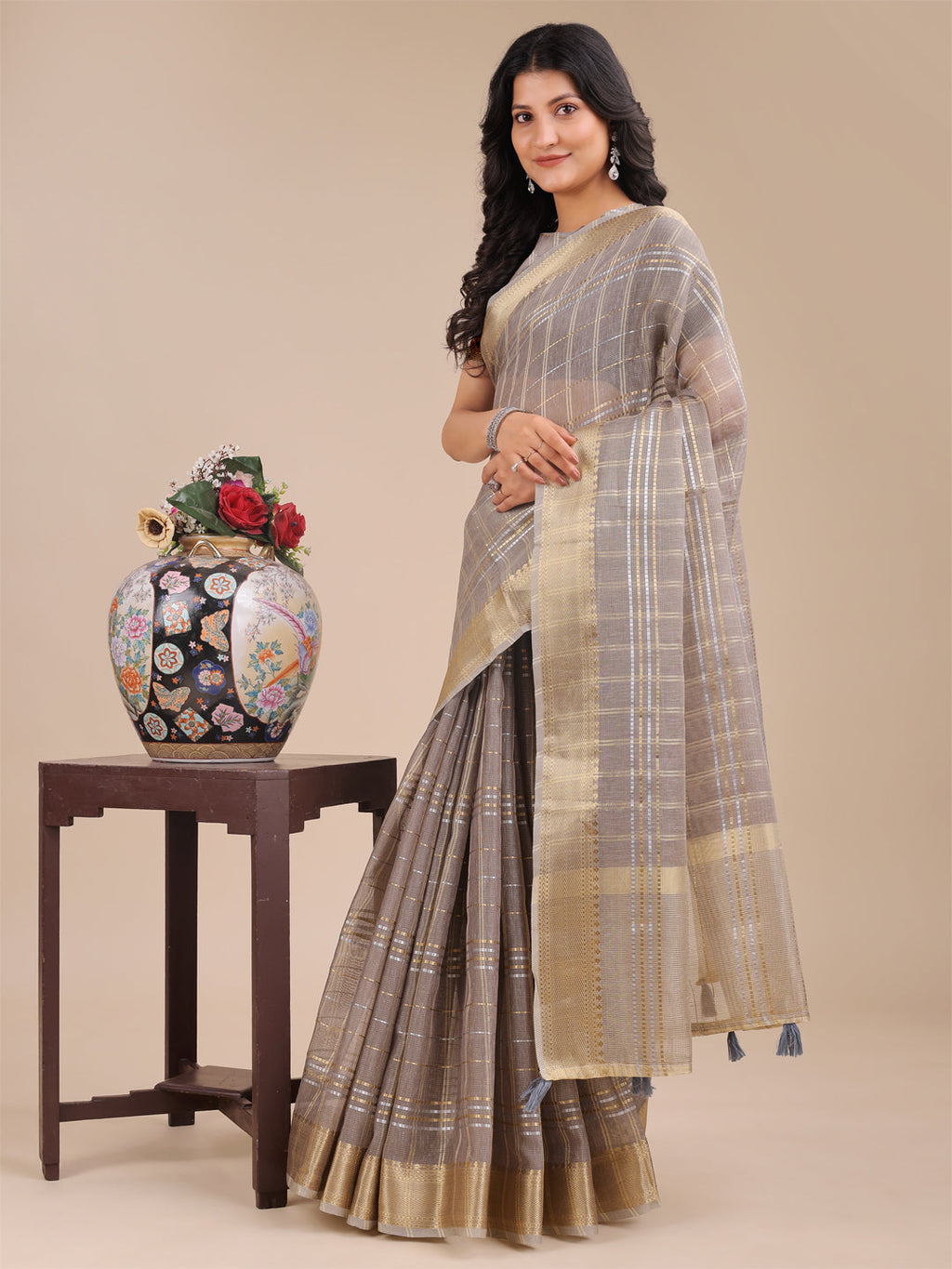 Shree Shyam Fashion Tan Organza Woven Zari Work Traditional Tassel Saree | Grocsy