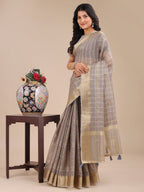 Shree Shyam Fashion Tan Organza Woven Zari Work Traditional Tassel Saree | Grocsy