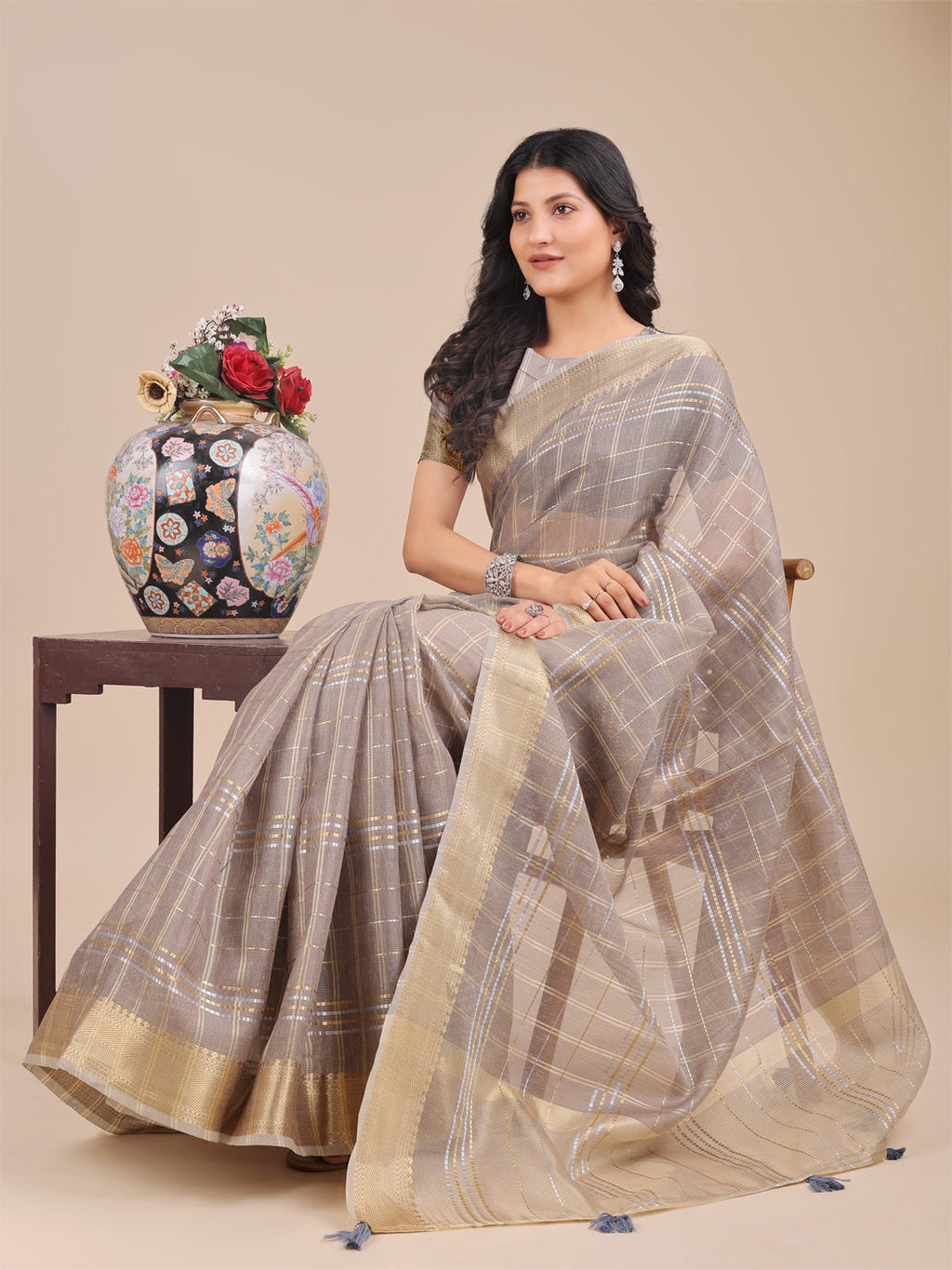 Shree Shyam Fashion Tan Organza Woven Zari Work Traditional Tassel Saree | Grocsy