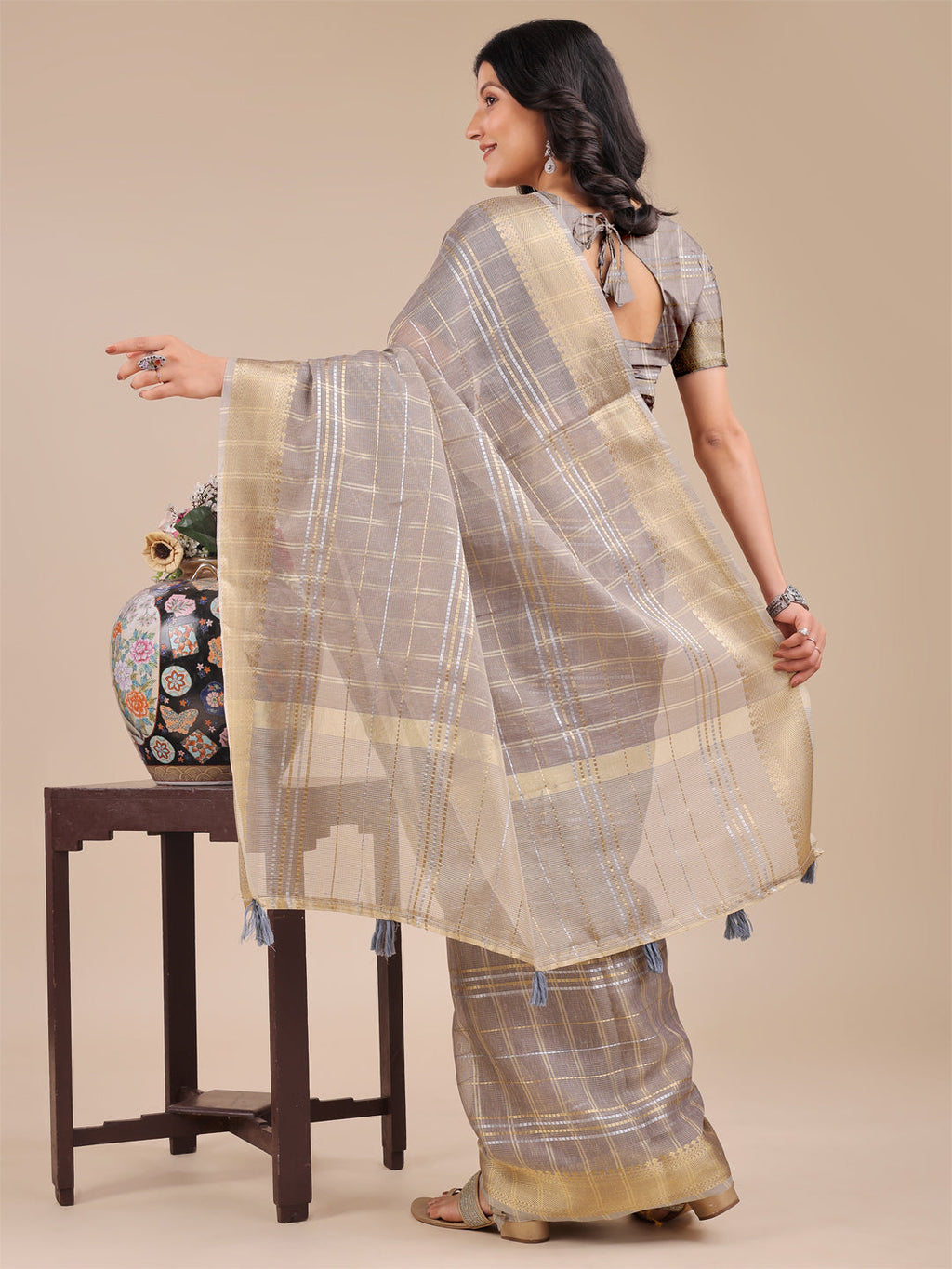 Shree Shyam Fashion Tan Organza Woven Zari Work Traditional Tassel Saree | Grocsy