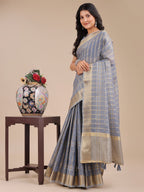 Shree Shyam Fashion Sky Blue Organza Woven Zari Work Traditional Tassel Saree | Grocsy