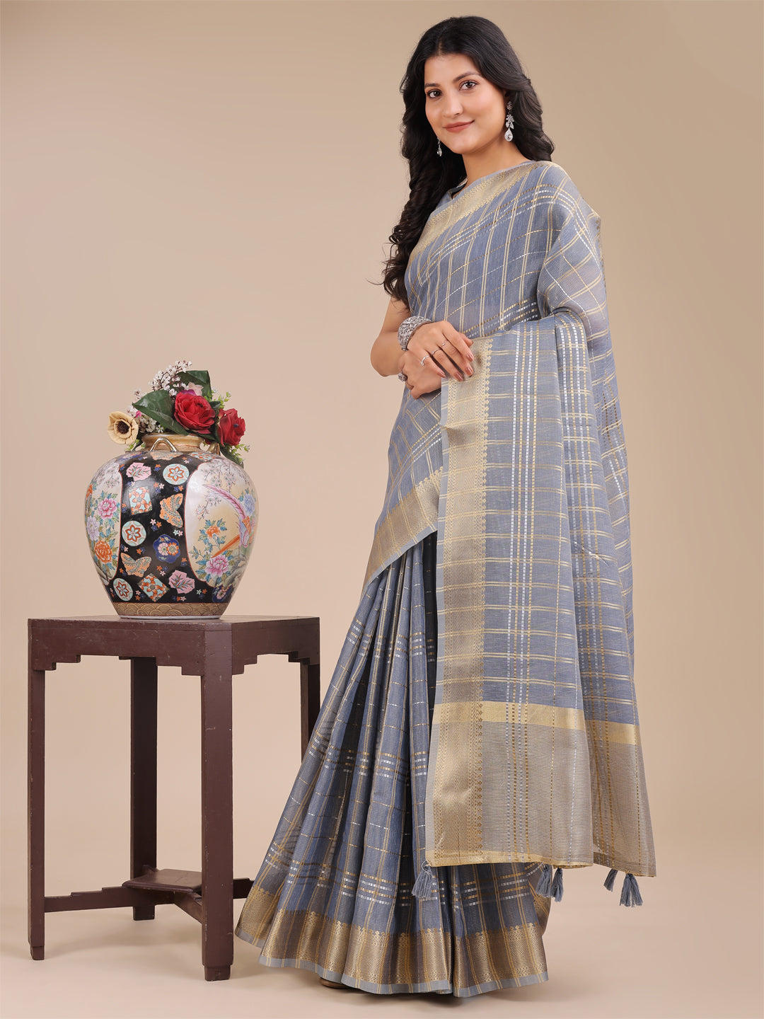 Shree Shyam Fashion Sky Blue Organza Woven Zari Work Traditional Tassel Saree | Grocsy