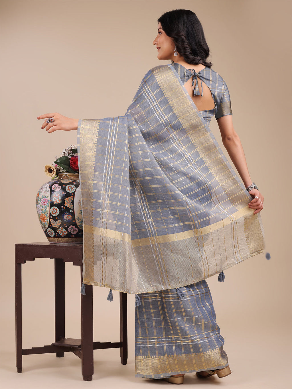Shree Shyam Fashion Sky Blue Organza Woven Zari Work Traditional Tassel Saree | Grocsy