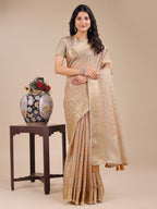 Shree Shyam Fashion Cream Organza Woven Zari Work Traditional Tassel Saree | Grocsy