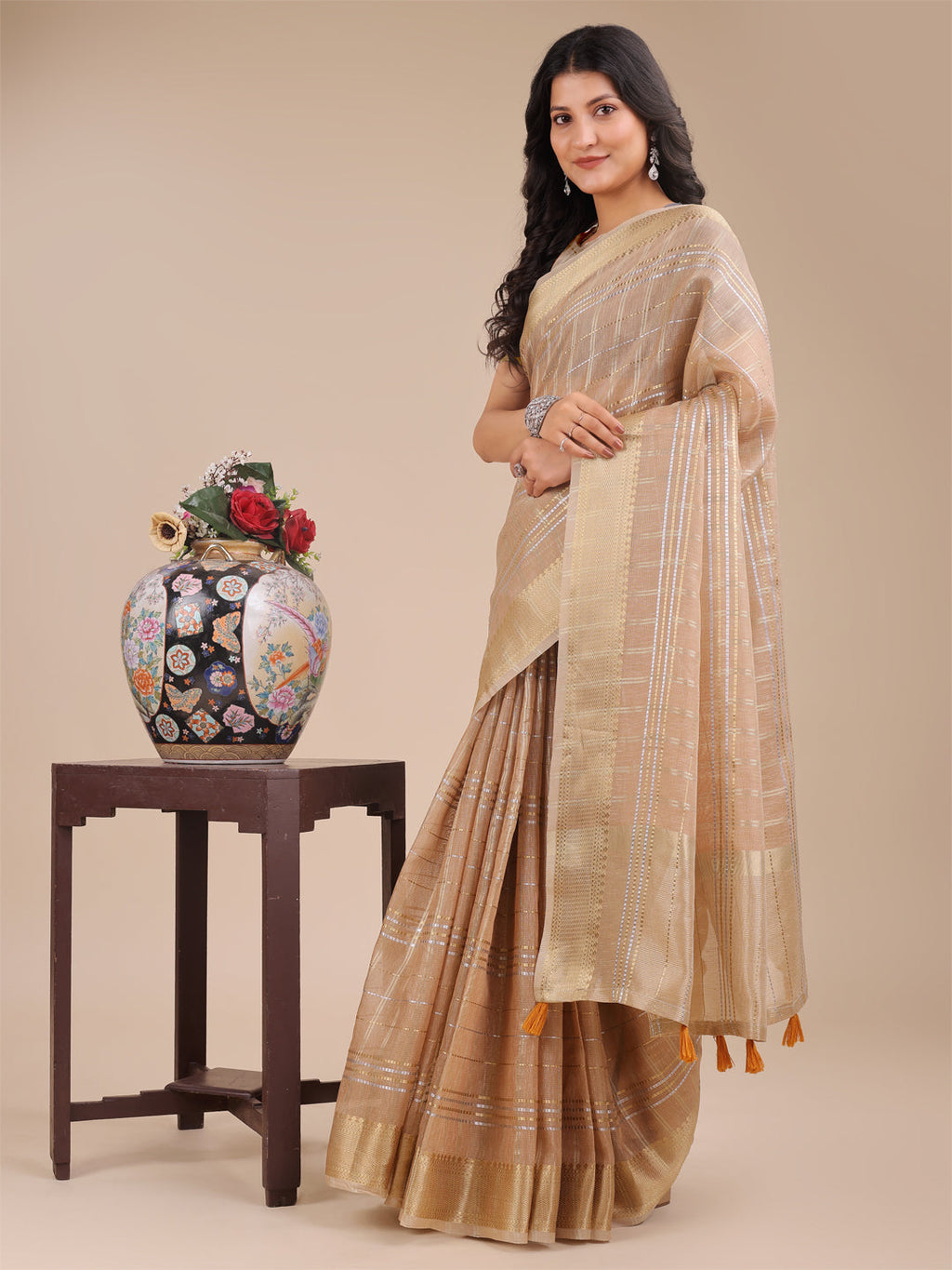 Shree Shyam Fashion Cream Organza Woven Zari Work Traditional Tassel Saree | Grocsy