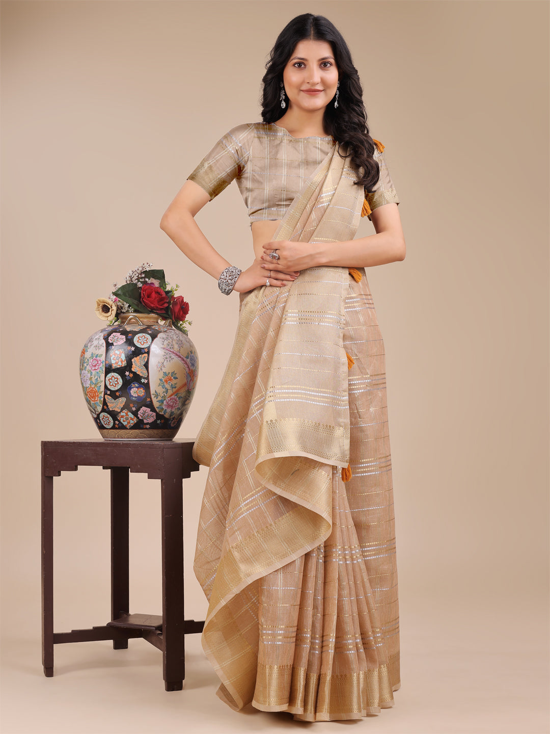 Shree Shyam Fashion Cream Organza Woven Zari Work Traditional Tassel Saree | Grocsy