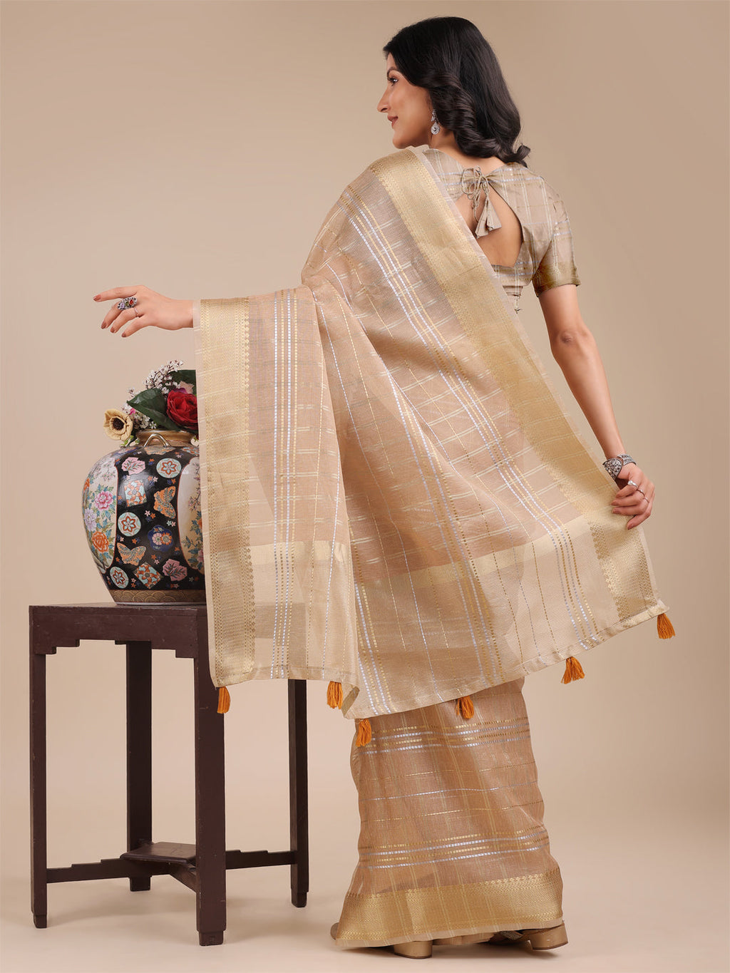 Shree Shyam Fashion Cream Organza Woven Zari Work Traditional Tassel Saree | Grocsy