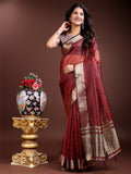 Shree Shyam Fashion Red Organza Woven Zari Work Traditional Tassel Saree | Grocsy