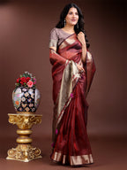 Shree Shyam Fashion Red Organza Woven Zari Work Traditional Tassel Saree | Grocsy