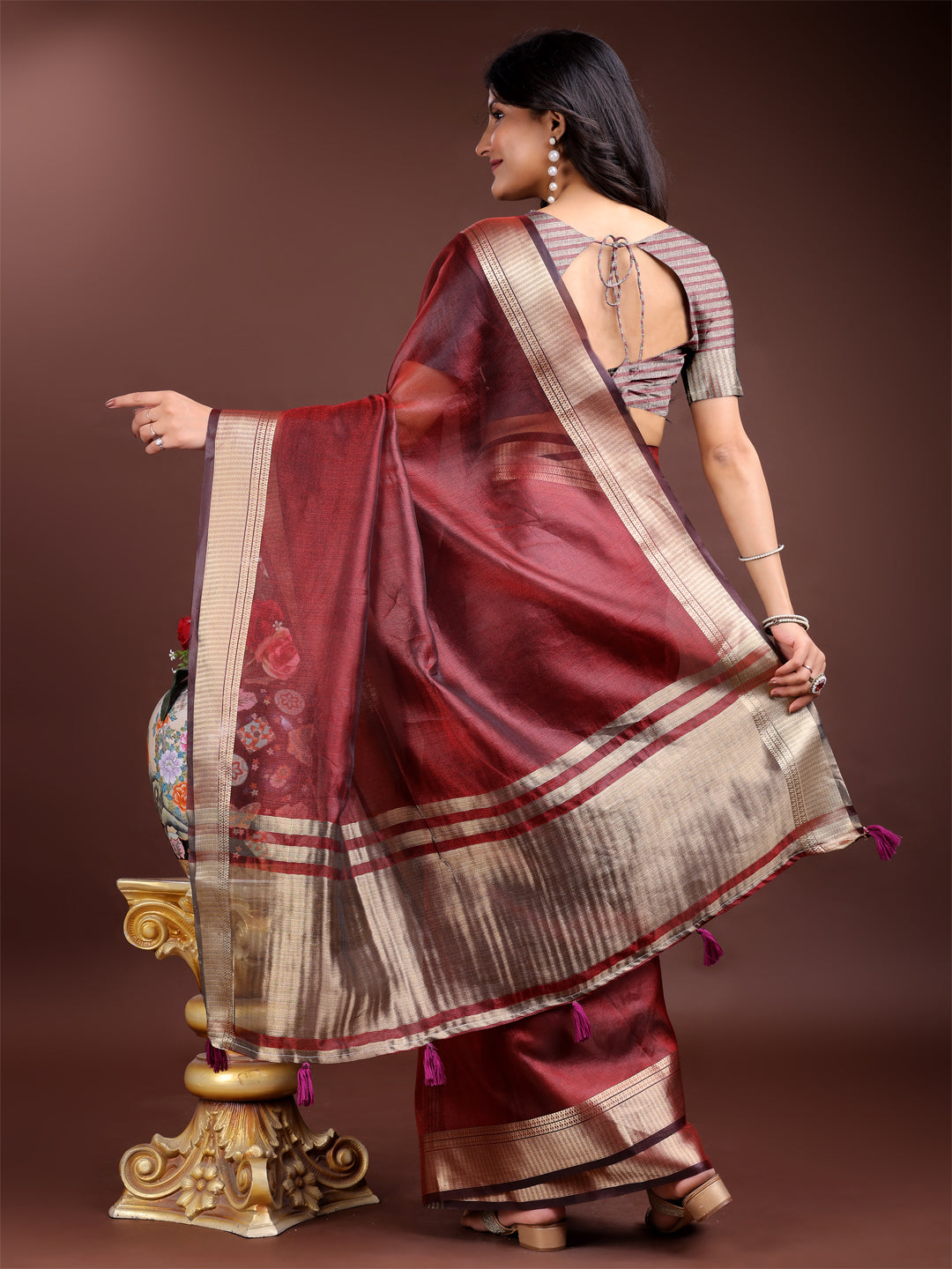 Shree Shyam Fashion Red Organza Woven Zari Work Traditional Tassel Saree | Grocsy