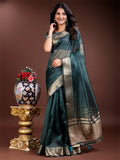 Shree Shyam Fashion Sea Green Organza Woven Zari Work Traditional Tassel Saree | Grocsy