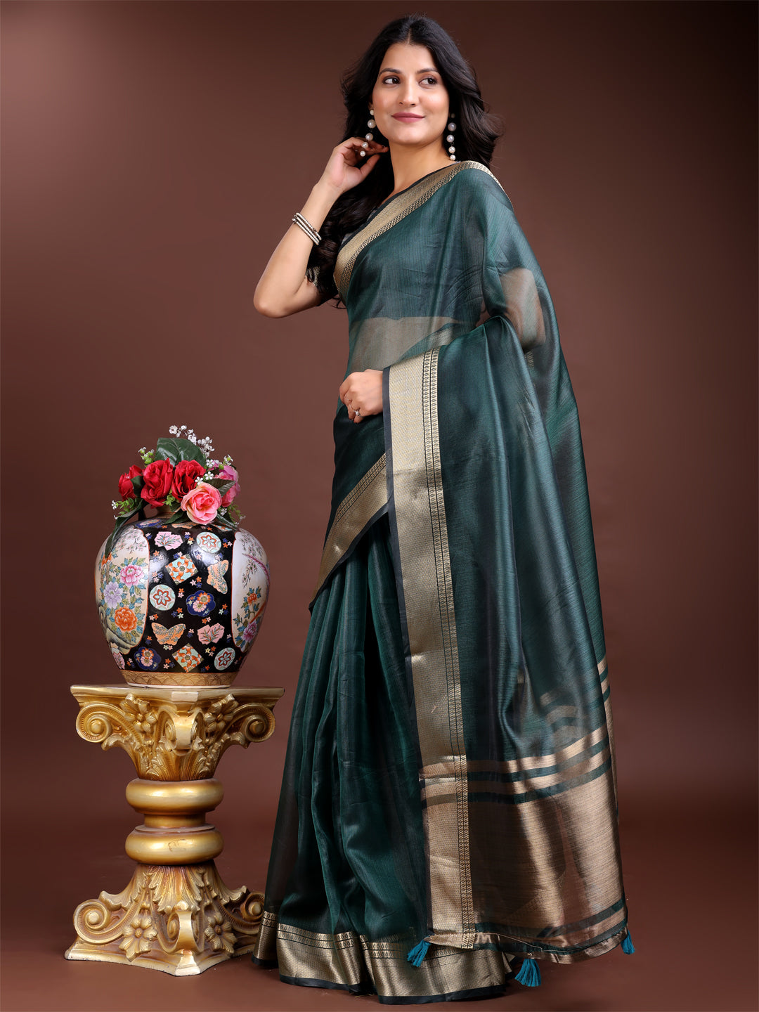 Shree Shyam Fashion Sea Green Organza Woven Zari Work Traditional Tassel Saree | Grocsy
