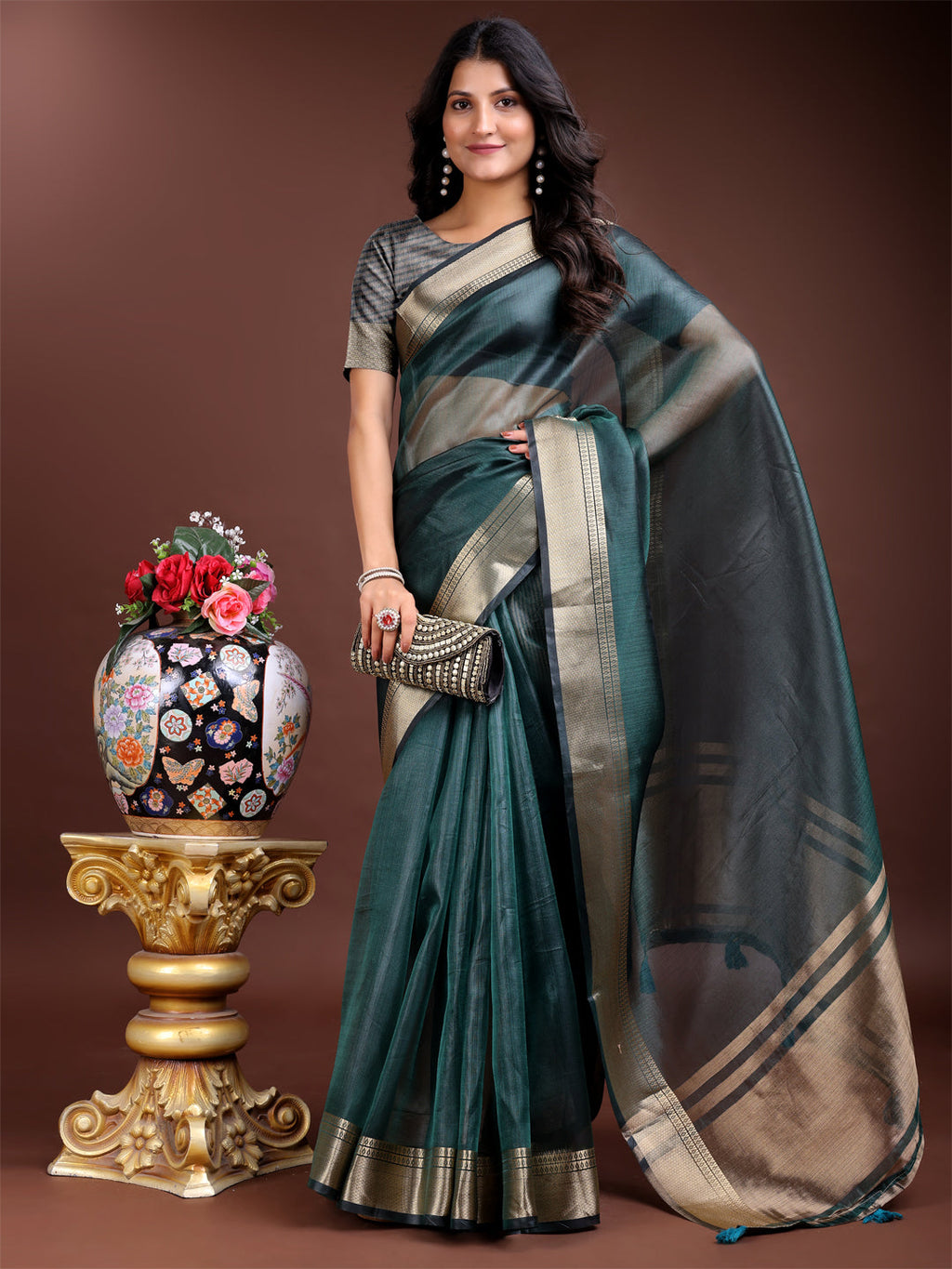 Shree Shyam Fashion Sea Green Organza Woven Zari Work Traditional Tassel Saree | Grocsy