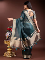 Shree Shyam Fashion Sea Green Organza Woven Zari Work Traditional Tassel Saree | Grocsy
