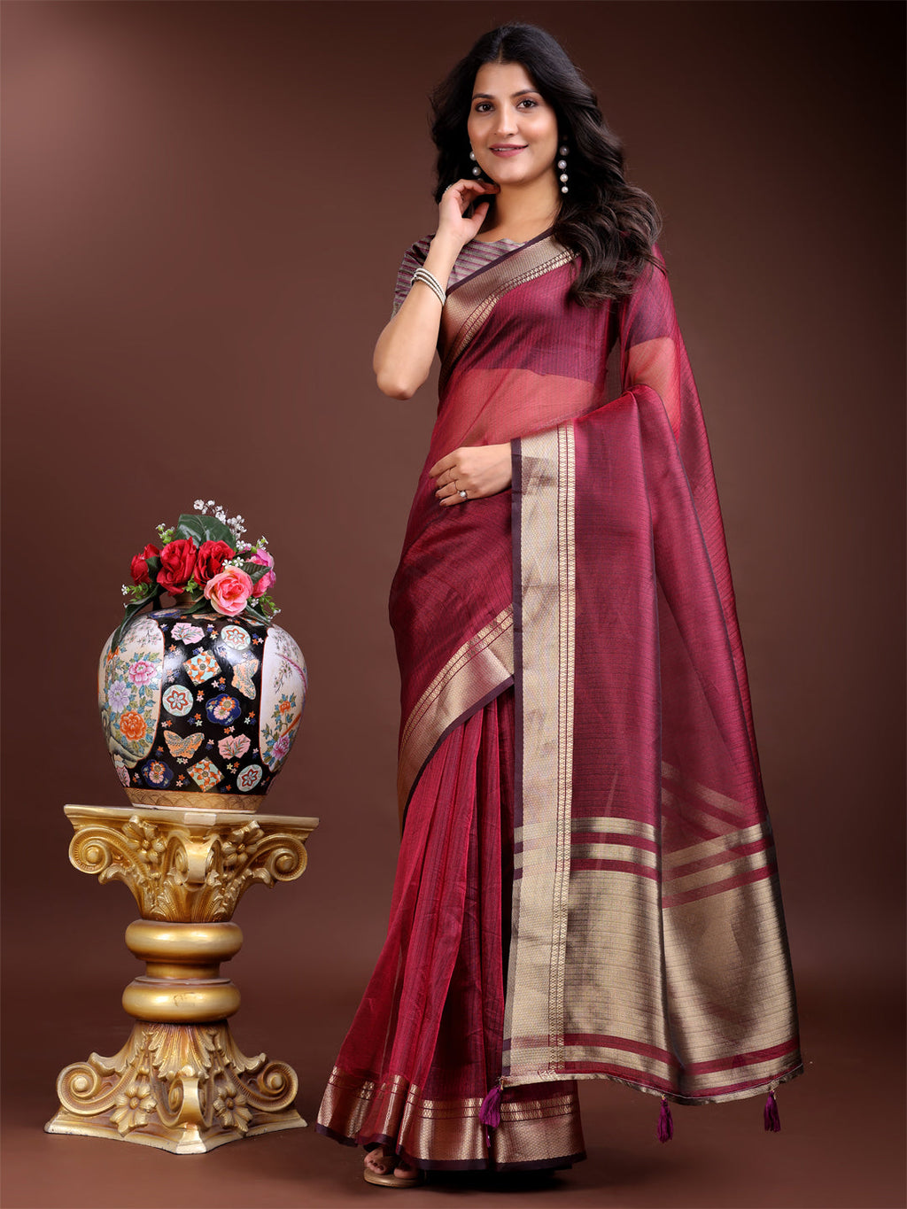 Shree Shyam Fashion Magenta Organza Woven Zari Work Traditional Tassel Saree | Grocsy