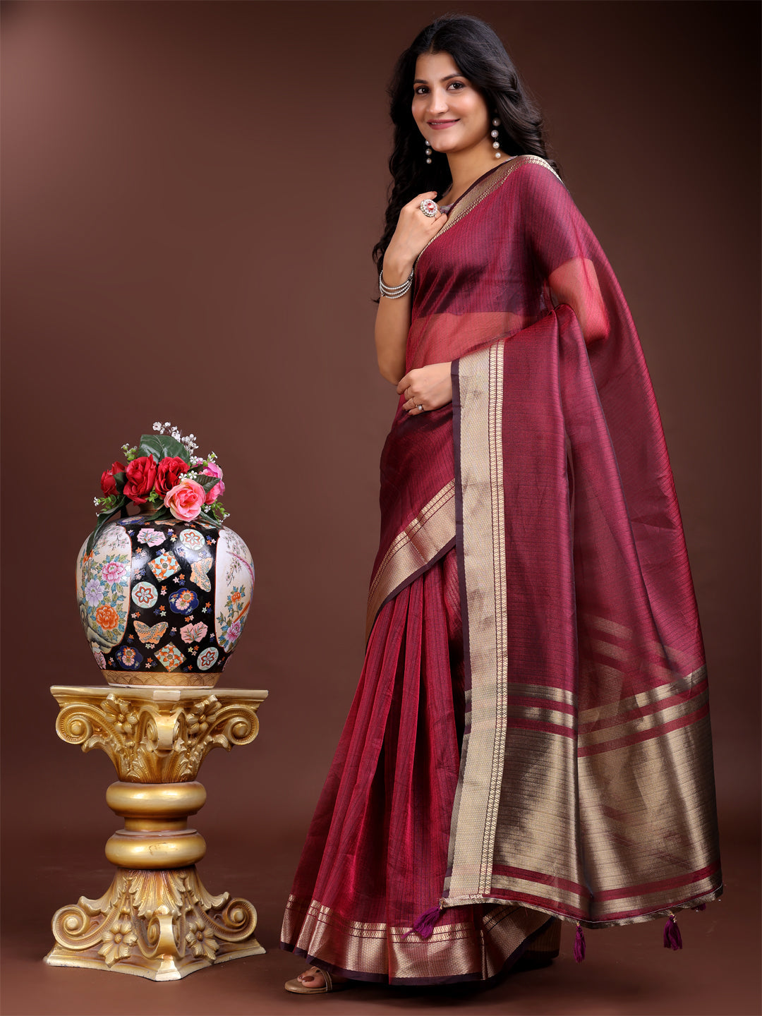 Shree Shyam Fashion Magenta Organza Woven Zari Work Traditional Tassel Saree | Grocsy