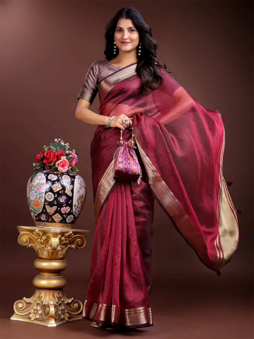 Shree Shyam Fashion Magenta Organza Woven Zari Work Traditional Tassel Saree | Grocsy