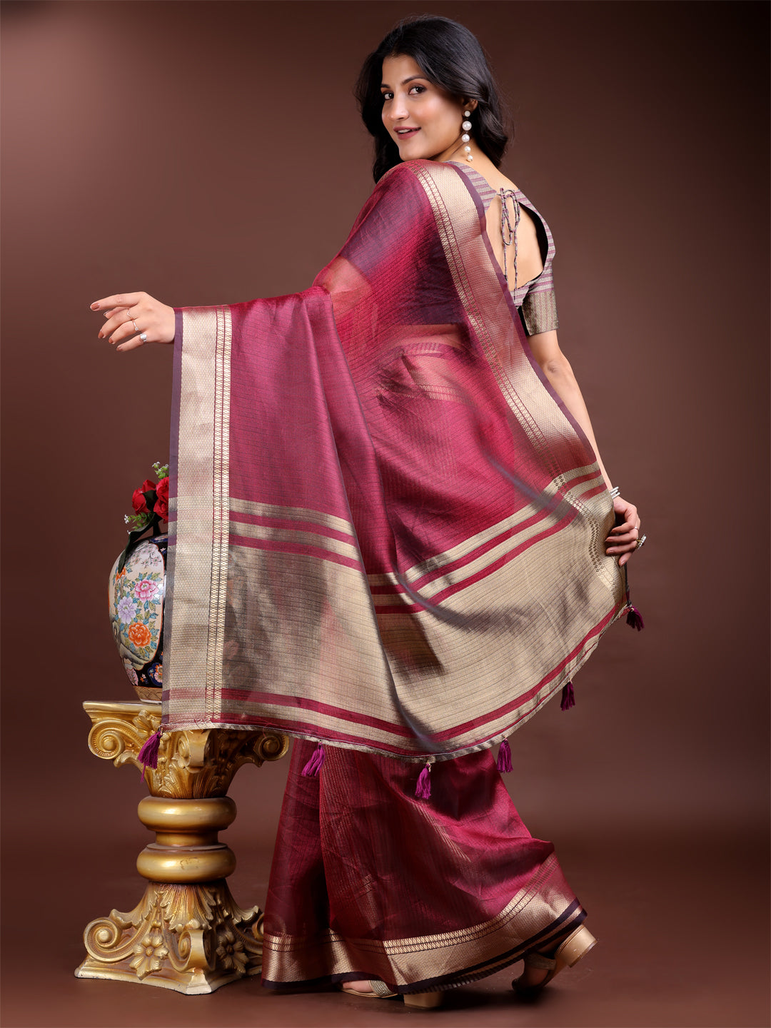 Shree Shyam Fashion Magenta Organza Woven Zari Work Traditional Tassel Saree | Grocsy