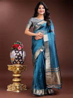 Shree Shyam Fashion Sea Green Organza Woven Zari Work Traditional Tassel Saree | Grocsy