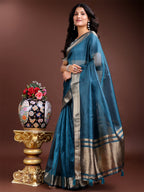 Shree Shyam Fashion Sea Green Organza Woven Zari Work Traditional Tassel Saree | Grocsy