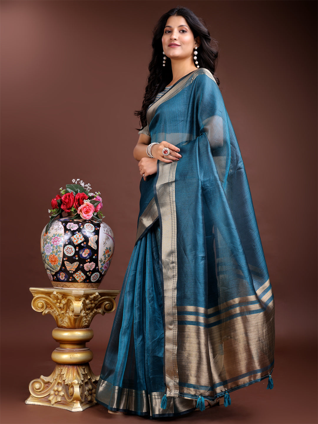 Shree Shyam Fashion Sea Green Organza Woven Zari Work Traditional Tassel Saree | Grocsy