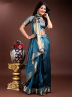 Shree Shyam Fashion Sea Green Organza Woven Zari Work Traditional Tassel Saree | Grocsy