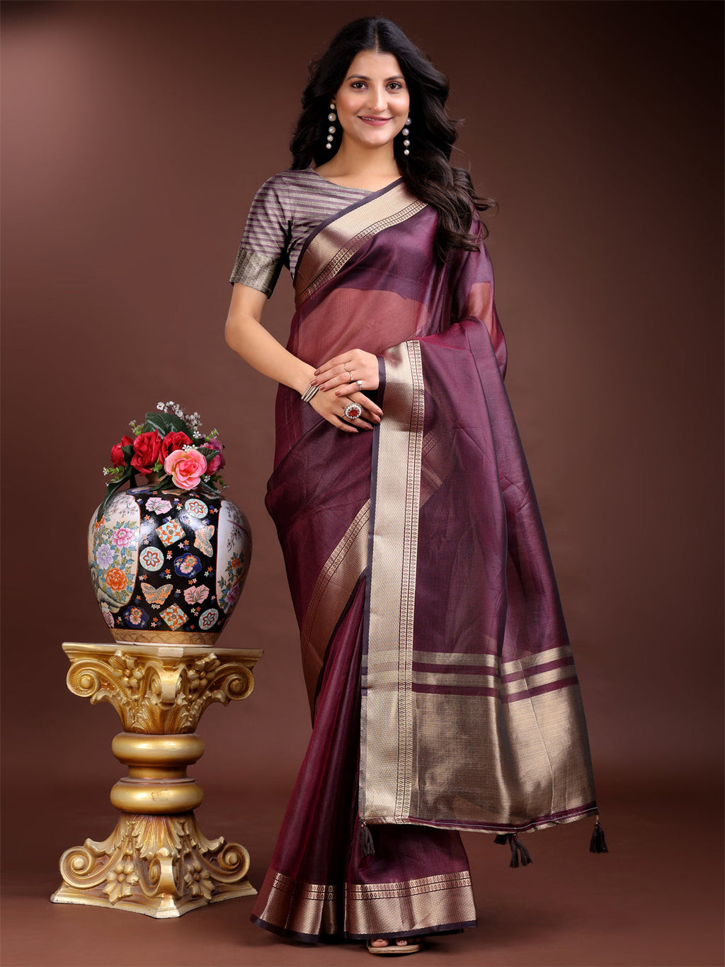 Shree Shyam Fashion Purple Organza Woven Zari Work Traditional Tassel Saree | Grocsy