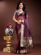 Shree Shyam Fashion Purple Organza Woven Zari Work Traditional Tassel Saree | Grocsy