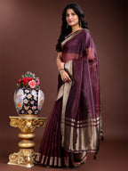 Shree Shyam Fashion Purple Organza Woven Zari Work Traditional Tassel Saree | Grocsy