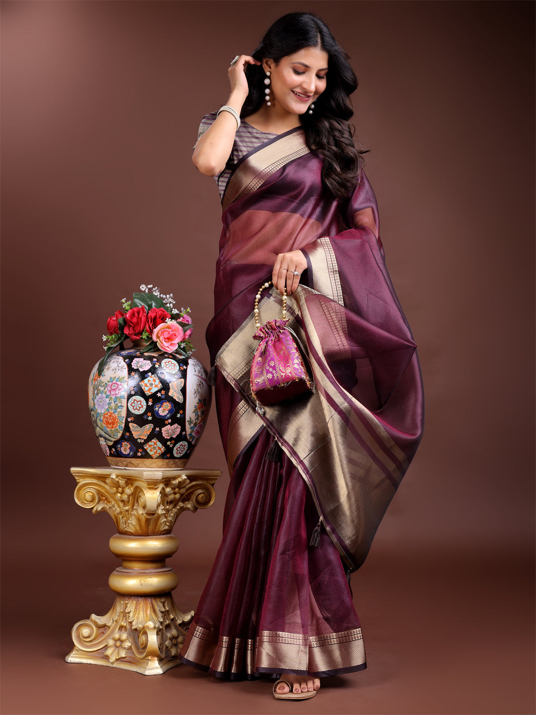Shree Shyam Fashion Purple Organza Woven Zari Work Traditional Tassel Saree | Grocsy