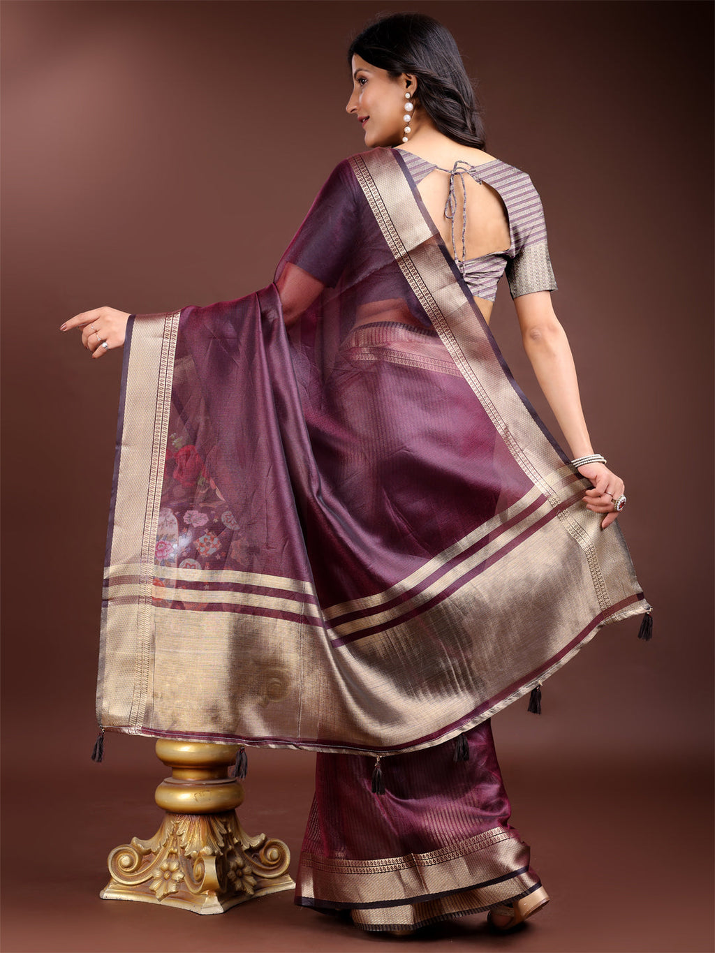 Shree Shyam Fashion Purple Organza Woven Zari Work Traditional Tassel Saree | Grocsy