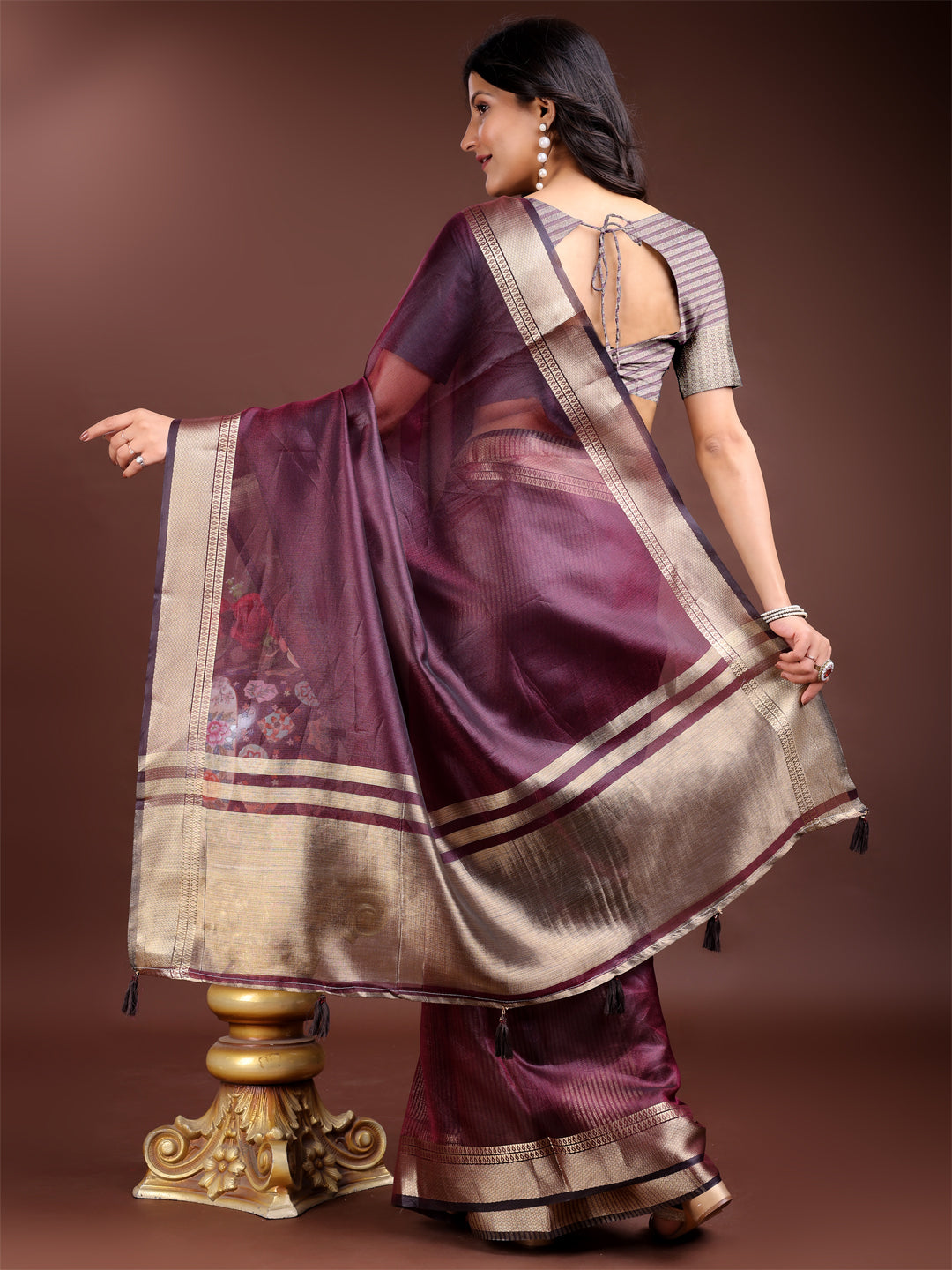 Shree Shyam Fashion Purple Organza Woven Zari Work Traditional Tassel Saree | Grocsy