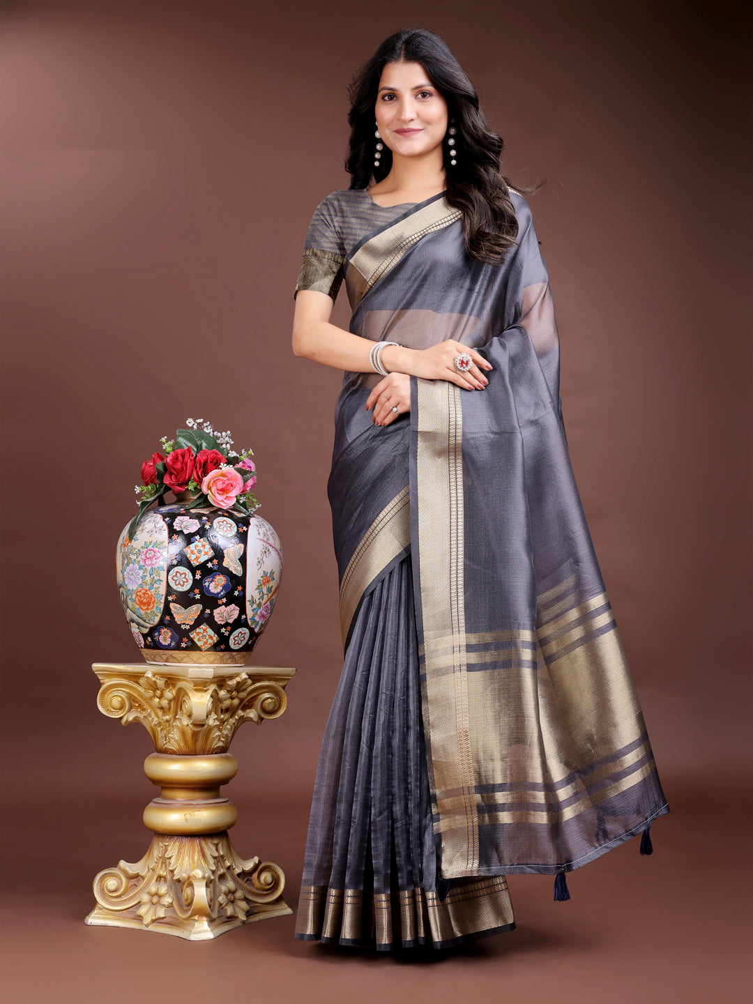 Shree Shyam Fashion Grey Organza Woven Zari Work Traditional Tassel Saree | Grocsy
