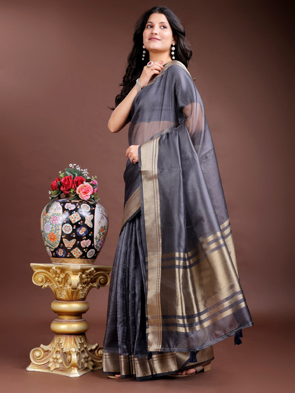 Shree Shyam Fashion Grey Organza Woven Zari Work Traditional Tassel Saree | Grocsy