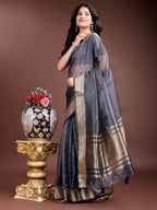 Shree Shyam Fashion Grey Organza Woven Zari Work Traditional Tassel Saree | Grocsy