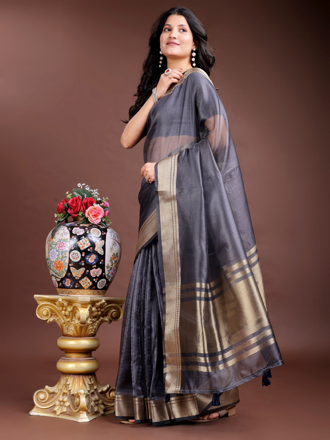 Shree Shyam Fashion Grey Organza Woven Zari Work Traditional Tassel Saree | Grocsy