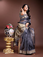 Shree Shyam Fashion Grey Organza Woven Zari Work Traditional Tassel Saree | Grocsy