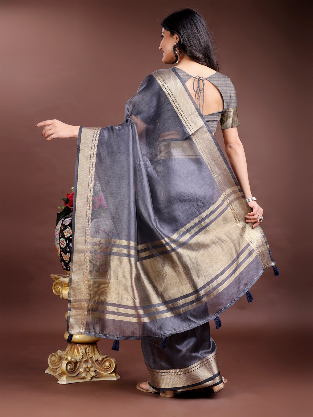 Shree Shyam Fashion Grey Organza Woven Zari Work Traditional Tassel Saree | Grocsy
